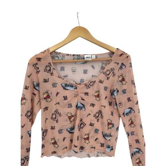 Disney Top‎ Blouse Shirt Cropped Semi-sheer Size L Winnie the Pooh Long Sleeve - Picture 1 of 10